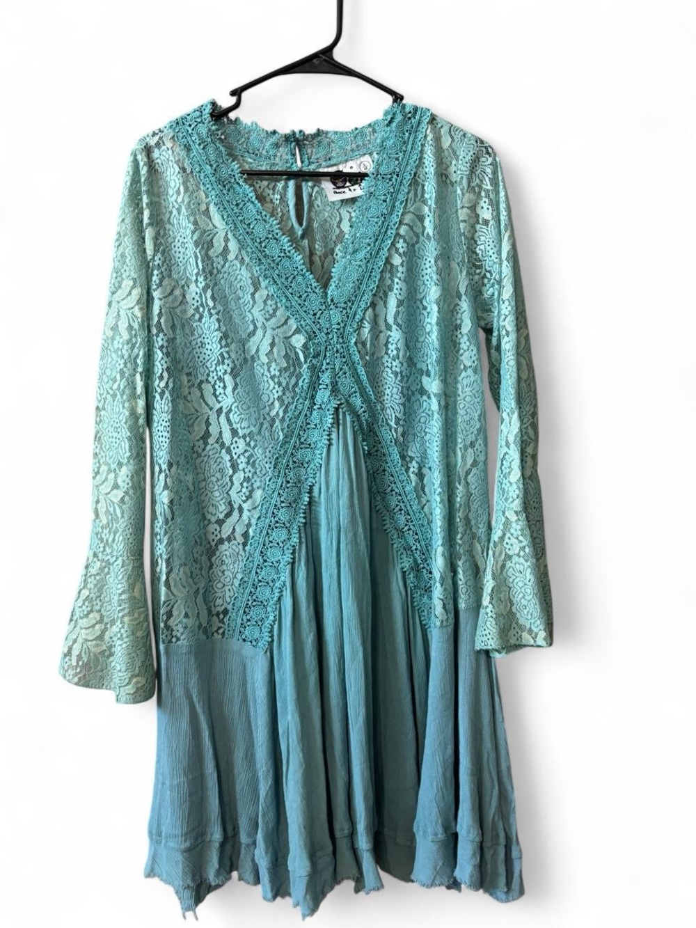 Peace and Love Boho Lace Overlay Tunic Blouse - Aqua Blue